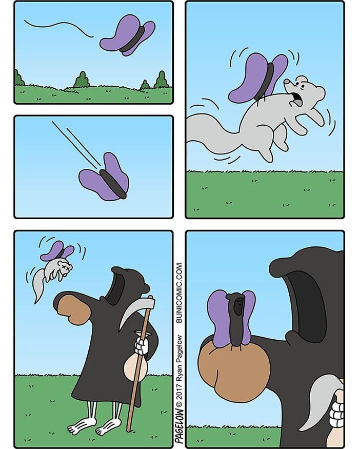 Comic panels showing a butterfly landing on a squirrel, then being caught by a grim reaper in a wholesome comic style.