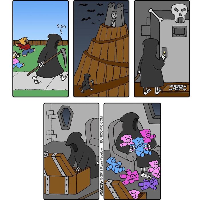 Grim Reaper comic shows a dark figure collecting colorful teddy bears instead of souls in a humorous twist.