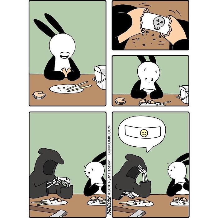Comic featuring a cute Grim Reaper character sharing a meal and spreading wholesomeness in a lighthearted scene.