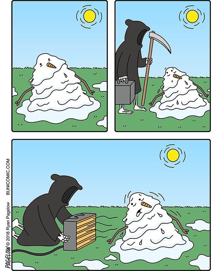 Grim reaper comic shows a melting snowman saved from the sun by the Grim Reaper using a portable cooler.
