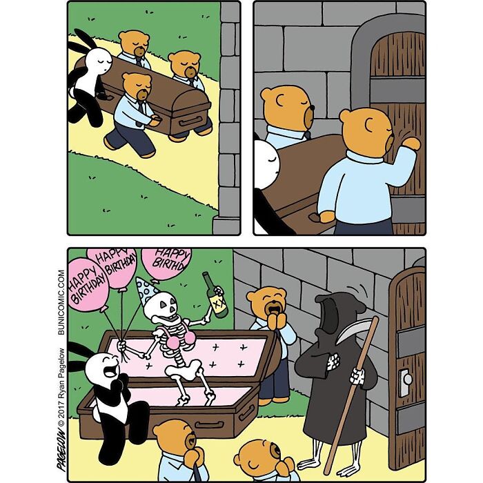 Comic panels featuring the Grim Reaper as a funny character bringing a skeleton to a birthday party in a coffin.