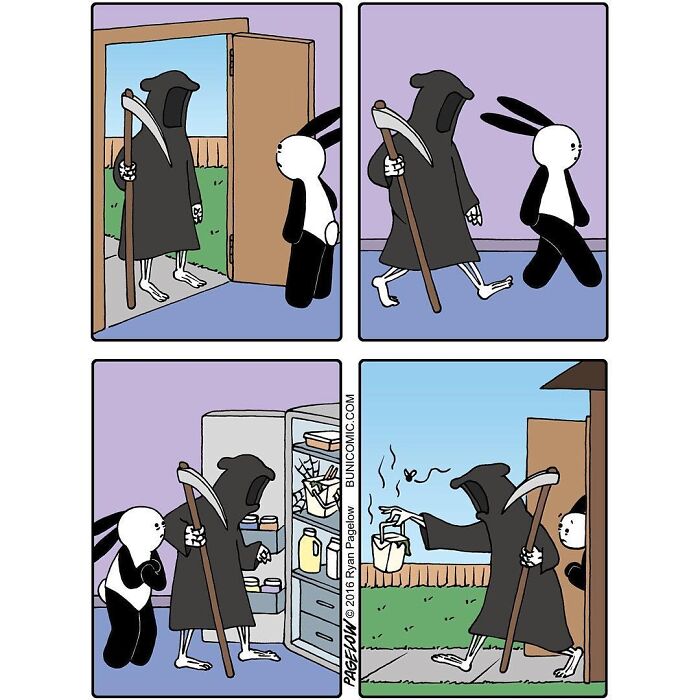 Grim Reaper and bunny share a lighthearted moment as he fetches coffee from the fridge in a wholesome comic strip.