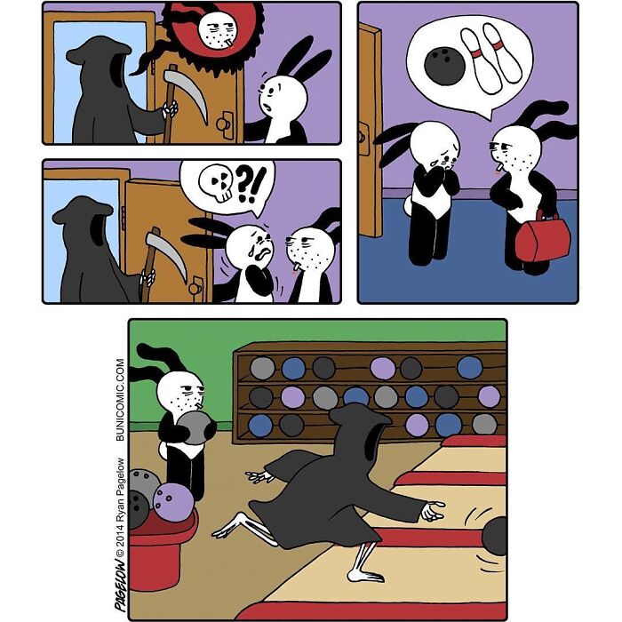 Grim Reaper visits two rabbits who go bowling together, showing a wholesome twist on the classic comic scenario.