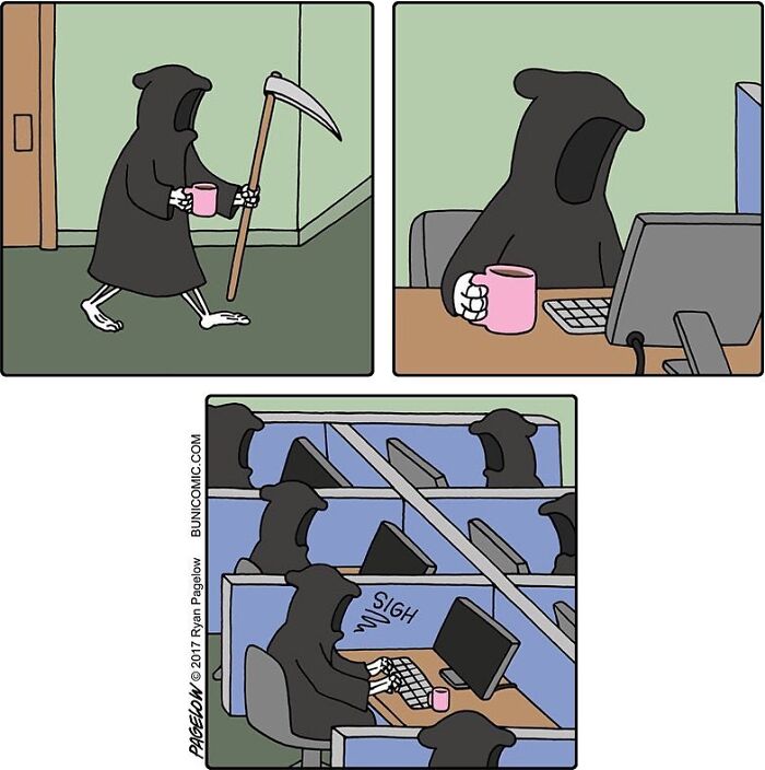 Comic panels showing the Grim Reaper drinking coffee and working at a computer in a cubicle office setting.