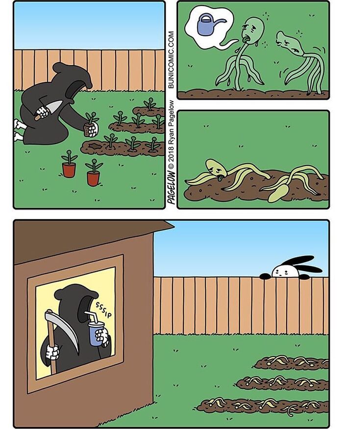 Grim Reaper planting and watering seeds that sprout into happy plants, showing a wholesome comic scene.