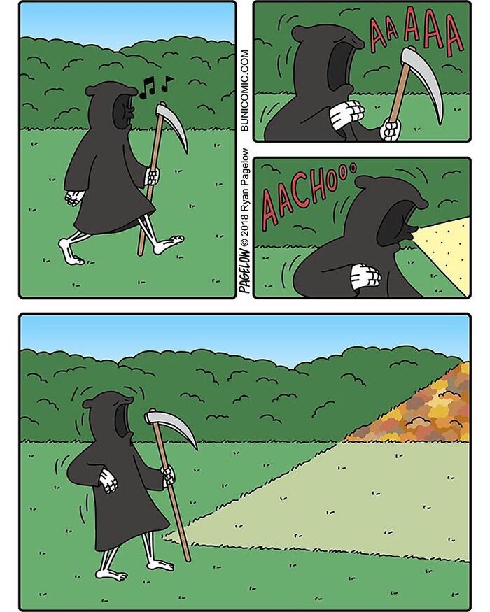Grim Reaper comic shows a sneeze causing fallen leaves to scatter, mixing humor and wholesome moments outdoors.