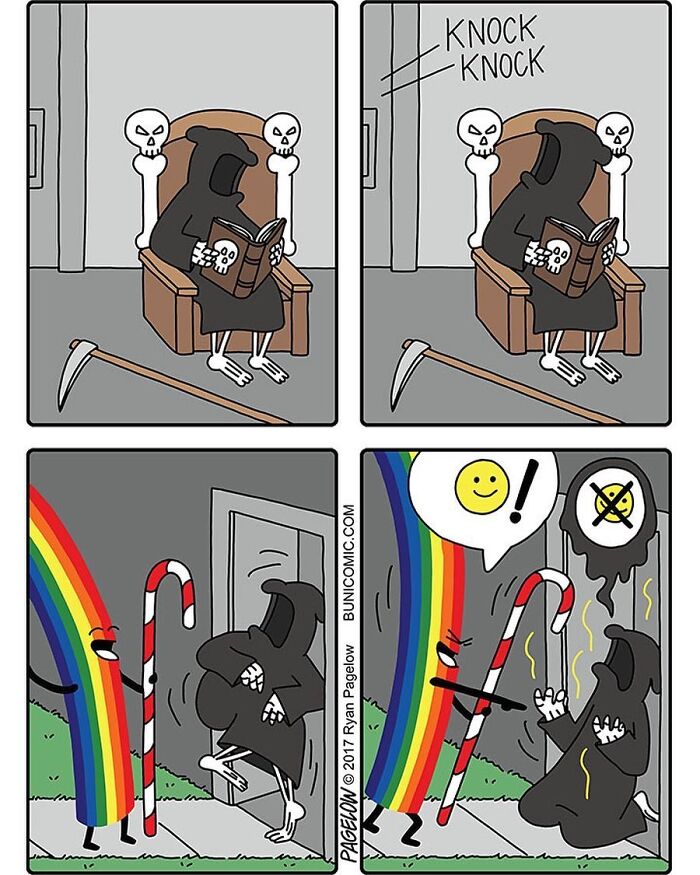 Grim Reaper reading, surprised by a rainbow and candy cane comic scene, showing wholesome Grim Reaper comics humor.