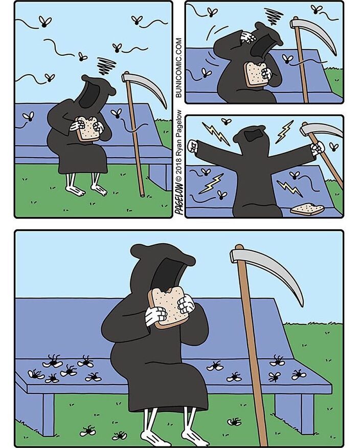 Grim Reaper comic showing the character eating bread on a bench, surrounded by insects and holding a scythe.