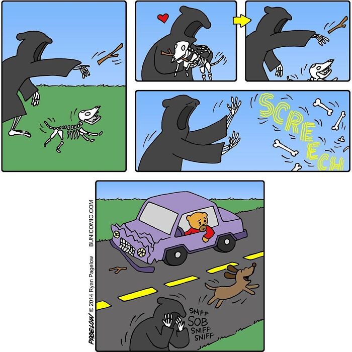 Grim Reaper playing fetch with a dog skeleton, then crying alone after the dog's car accident in a funny comic style.