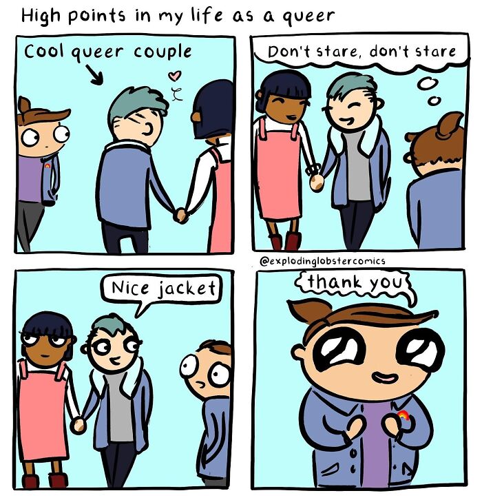 Comic strip showing a queer couple face awkward stares and compliments, mixing silly humor with brutal honesty.
