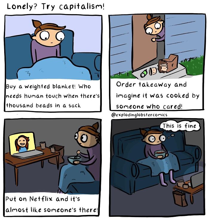 Comic strip showing a person using silly humor to cope with loneliness, mixing brutal honesty with relatable moments.