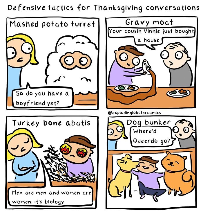 Comic strip showing silly humor with brutal honesty in Thanksgiving conversations using mashed potatoes, gravy, turkey bones, and pets.