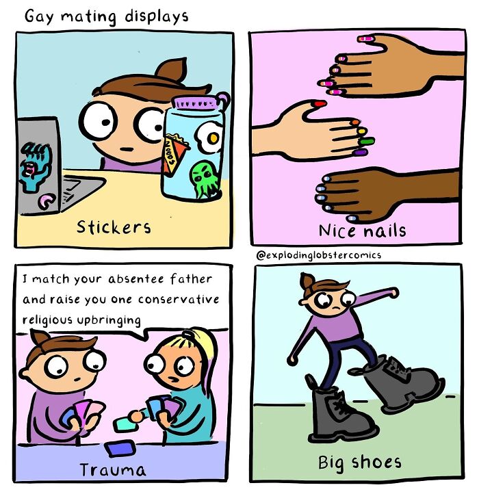Comic panels showing silly humor with brutal honesty about gay mating displays including stickers, nice nails, trauma, and big shoes.