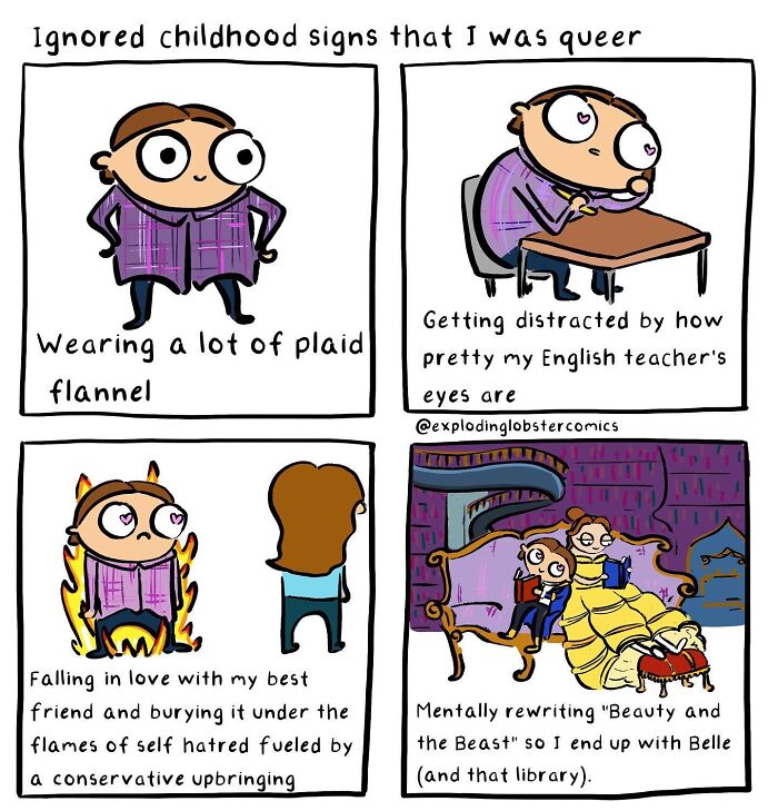 Comic panels mixing silly humor and brutal honesty about queer childhood signs, featuring expressive characters in vibrant colors.