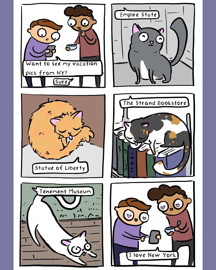 Comic showing silly humor with cats as vacation pics in New York, mixing playful scenes with brutal honesty in the illustrations.