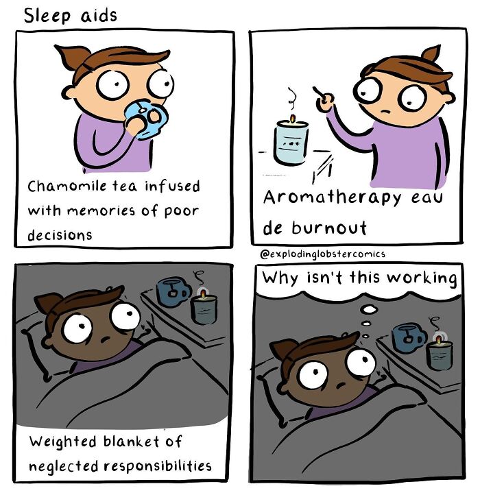 Comic strip showing silly humor with brutal honesty about sleep aids like chamomile tea and aromatherapy failing to help with burnout.