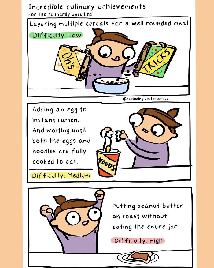 Comic strip mixing silly humor and brutal honesty showing cooking challenges with cereals, ramen, and peanut butter in a playful style.
