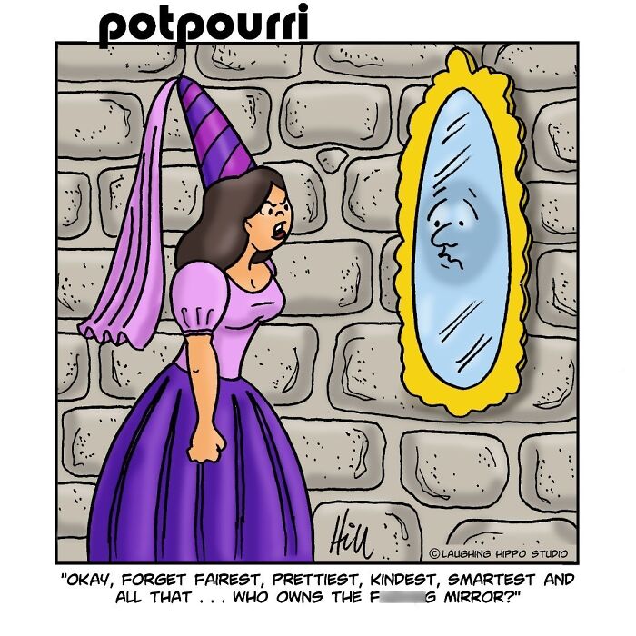 Witty one-panel comic showing a princess questioning who really owns the magical mirror in a pop culture twist.