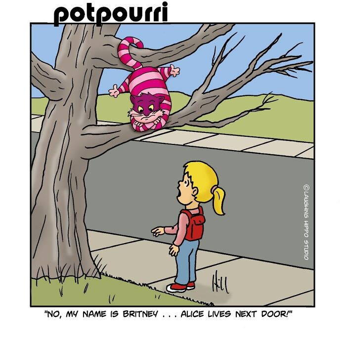 Colorful one-panel comic showing a girl talking to a Cheshire cat in a tree, with witty pop culture humor.