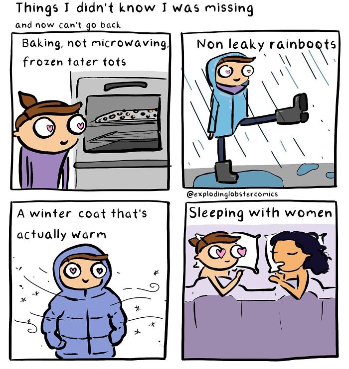 Comic panels showing silly humor and brutal honesty about things people enjoy, including baking tater tots and wearing warm coats.