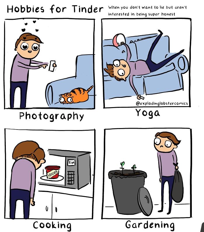 Comic panels showing silly humor with brutal honesty about hobbies like photography, yoga, cooking, and gardening on Tinder profiles.