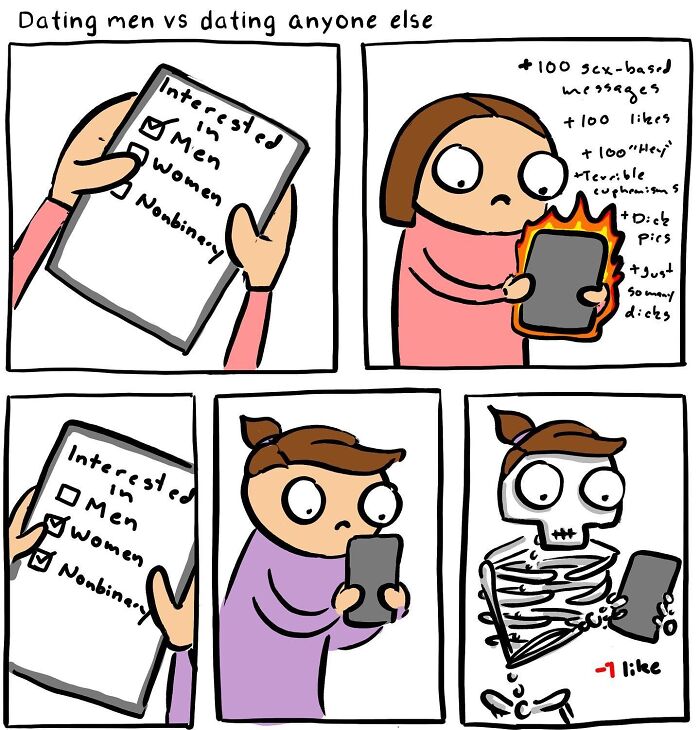 Comic showing dating experiences with men versus others, blending silly humor with brutal honesty in a cartoon style.