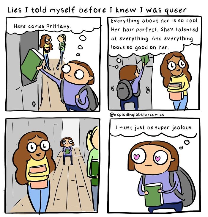 Comic strip showing a character expressing silly humor and brutal honesty about jealousy toward someone named Brittany.