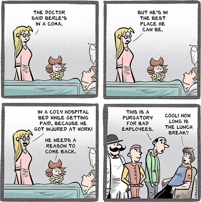 Comic strip illustrating relatable work and everyday life humor about injury, hospital stay, and workplace attitudes in a lighthearted style.