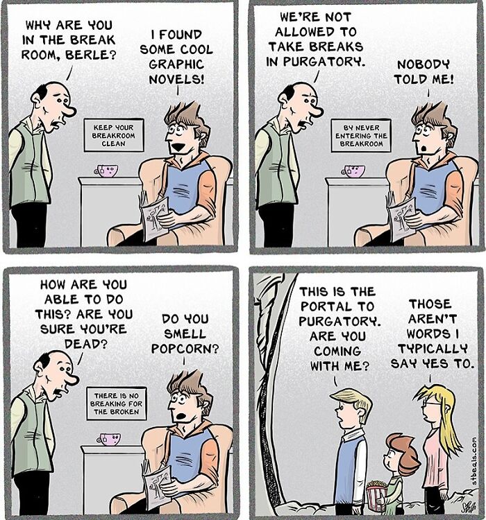Cartoon comic panels humorously depicting work life with employees discussing breaks and purgatory in the breakroom.