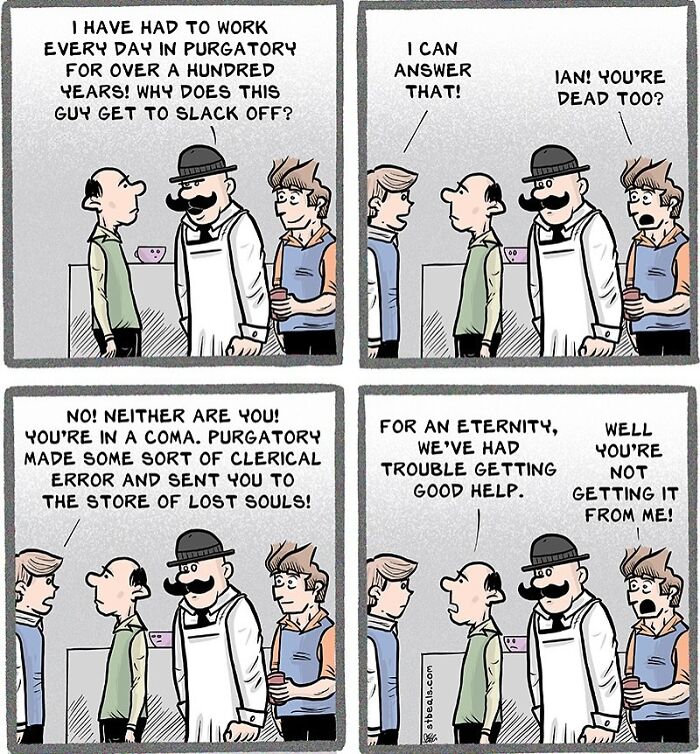 Relatable and hilarious comic strip capturing work and everyday life with characters discussing purgatory and lost souls.