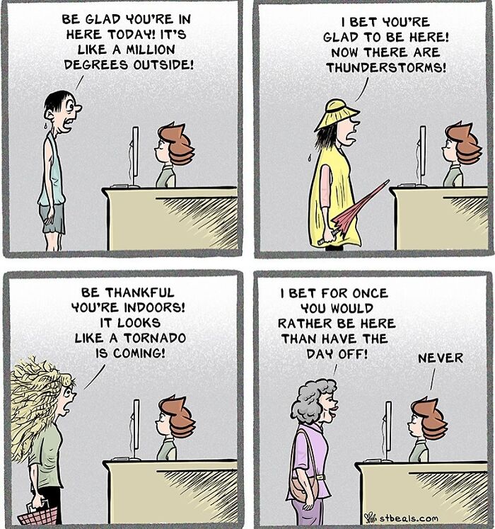 Relatable and hilarious comic showing people at work reacting to extreme weather in everyday life situations.