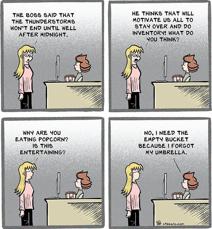 Work and everyday life comic showing two coworkers discussing staying late during a thunderstorm and using a popcorn bucket for an umbrella.