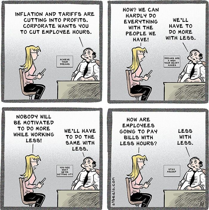 Comic strip illustrating work and everyday life challenges about employee hours and motivation in a relatable and humorous way.