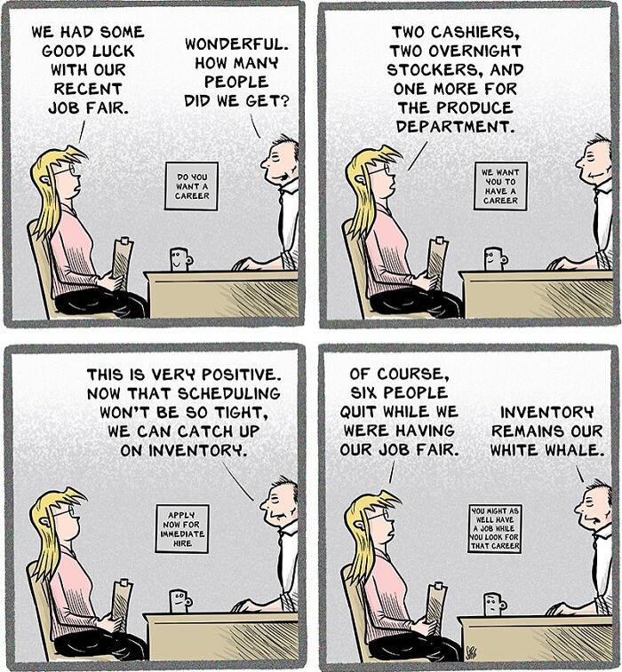 Comic illustrating relatable work challenges with job fairs, staff turnover, scheduling, and inventory management humor.