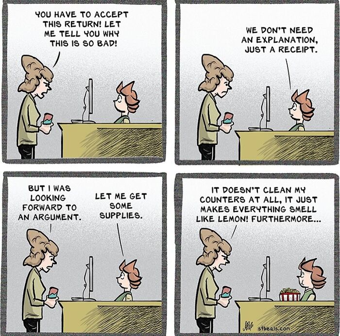 Comic showing a relatable and hilarious work interaction at a service counter, capturing everyday life humor.