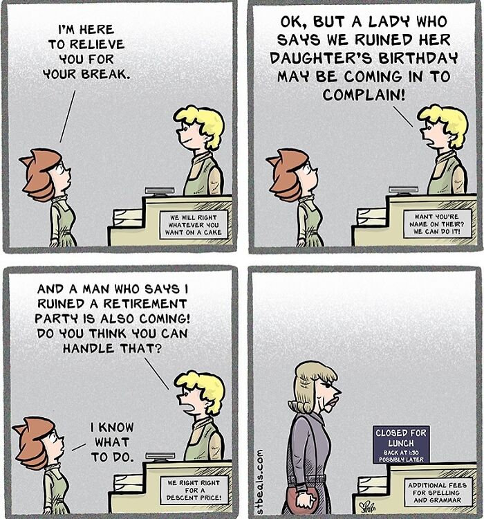 Comic strip humorously capturing relatable work and everyday life moments at a bakery with funny customer interactions.