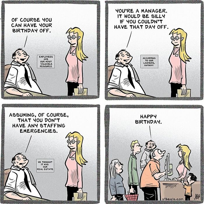 Work and everyday life comic showing a manager humorously discussing birthday time off with an employee.
