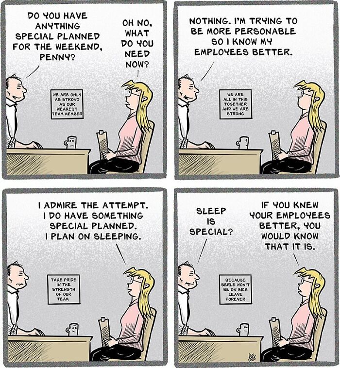Comic strip showing a humorous work conversation highlighting relatable employee and workplace dynamics in everyday life.