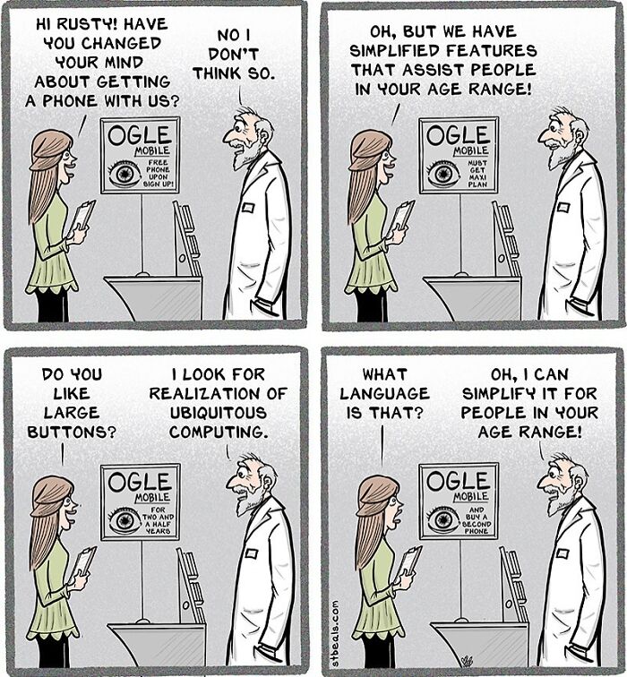 Comic strip showing a humorous conversation highlighting relatable work and everyday life challenges about technology for older adults.