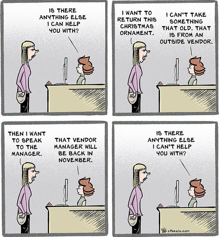 Relatable and hilarious comic showing a customer service interaction about returning a Christmas ornament at work.