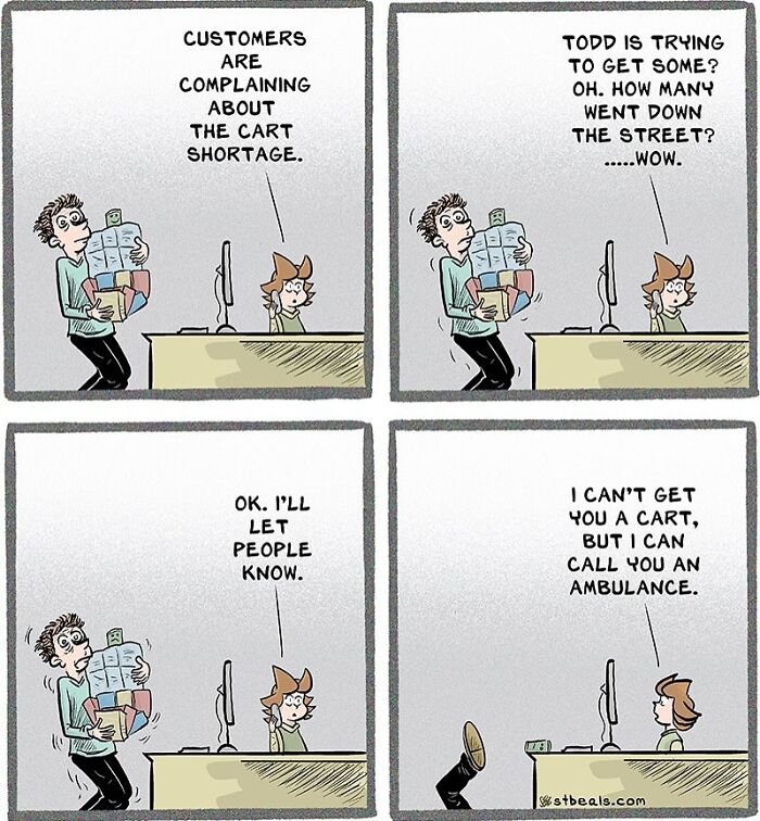 Comic strips humorously capturing relatable work life with a shortage of carts and witty office interactions.