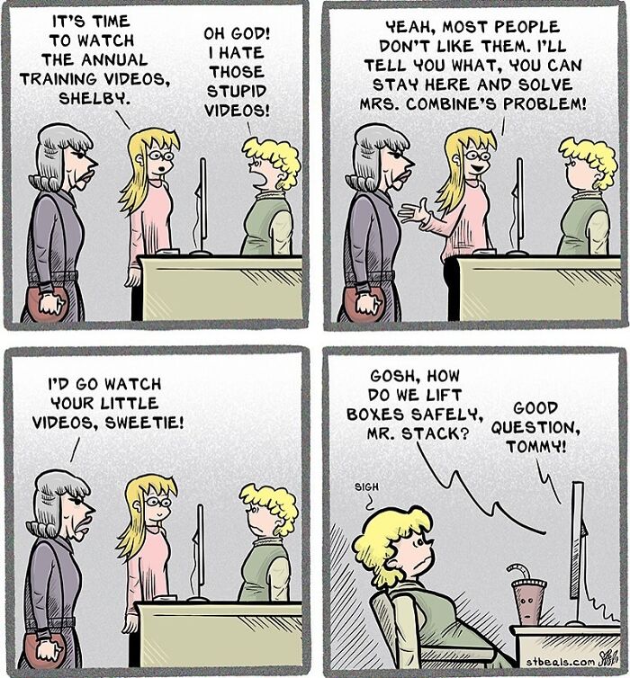Relatable and hilarious work comics showing employees reacting to mandatory training videos with humor and frustration.