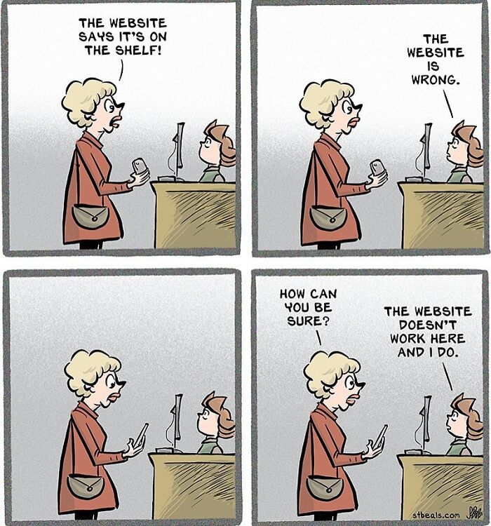 Customer at counter arguing website info with employee in a relatable and hilarious comic about work and everyday life.