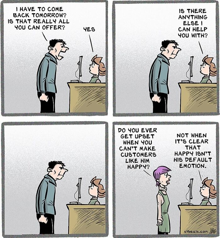 Comic panels showing a frustrated man at a help desk, capturing relatable work and everyday life moments humorously.