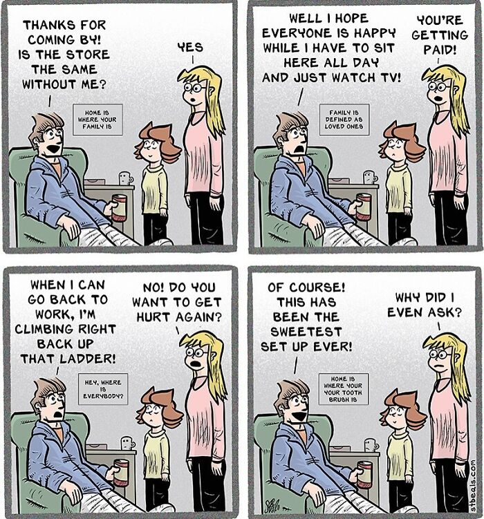 Comic strip depicting relatable and hilarious workplace and everyday life moments with family interactions and humor.