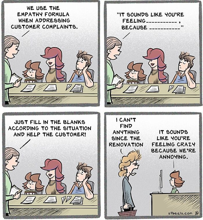 Comic strip showing a humorous take on using empathy formula in customer service, capturing relatable work and everyday life moments.