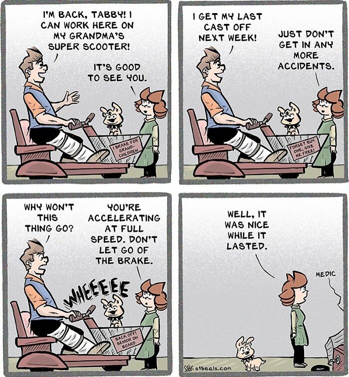 Comic strip showing relatable work and everyday life humor with a character on a scooter and friends giving advice.