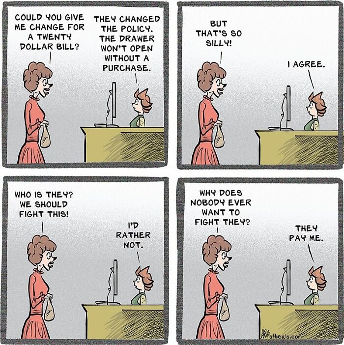 Relatable and hilarious comic showing a frustrating work interaction about cash register policy and payment.