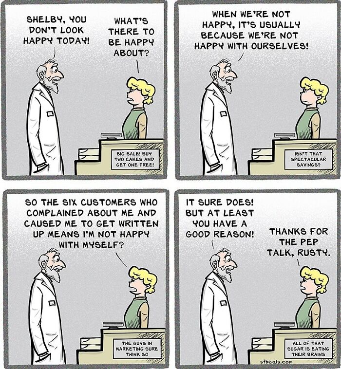 Comic strip illustrating relatable and hilarious work and everyday life moments with humorous customer and employee dialogue.