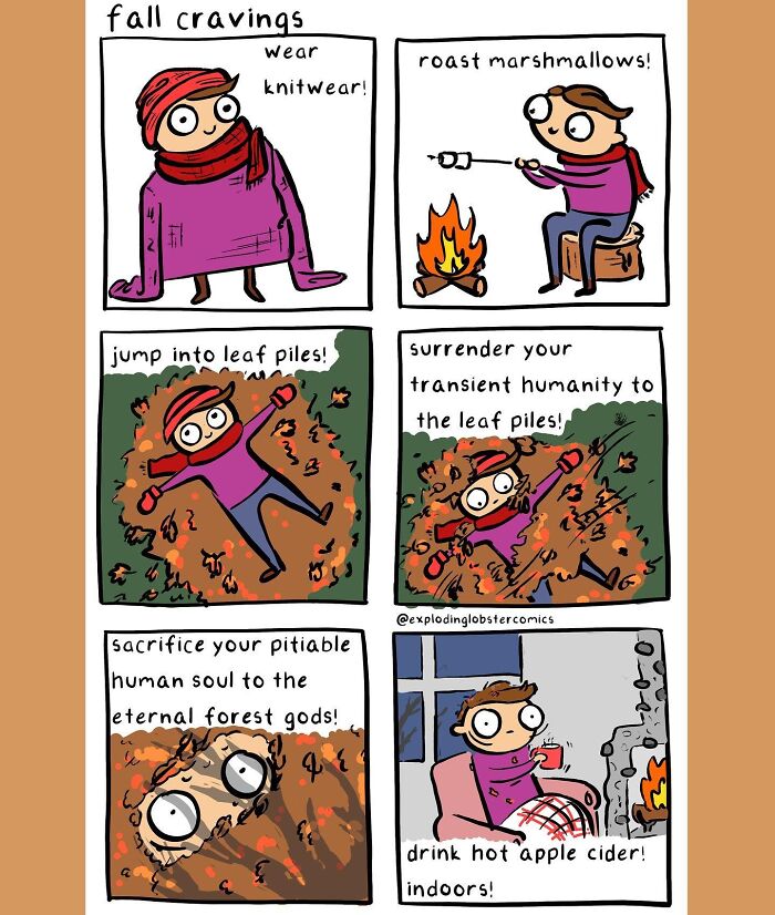 Comic strip mixing silly humor with brutal honesty shows fall cravings like roasting marshmallows and jumping into leaf piles.